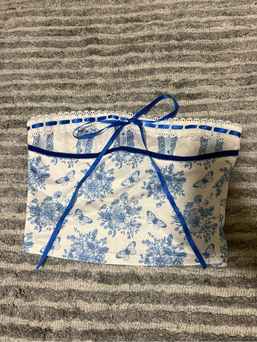 Blue Floral Strapless Ribbon Strapless Crop Top